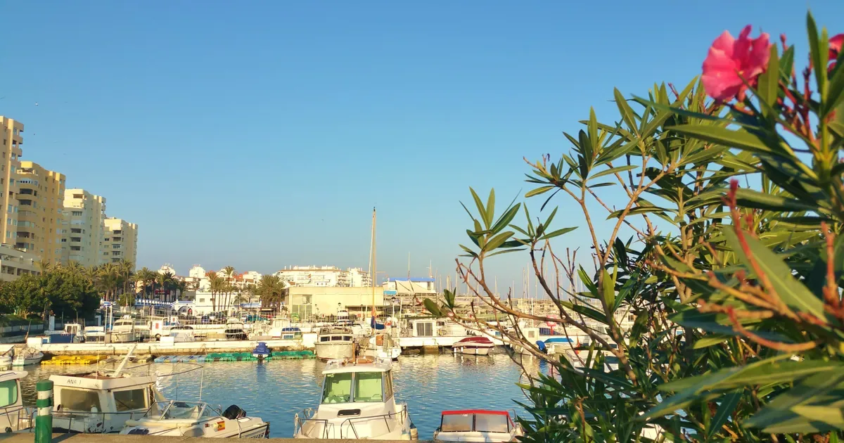 Estepona marina at sunset with yachts moored in the Puerto Deportivo, palm trees and waterfront restaurants lit up along the promenade