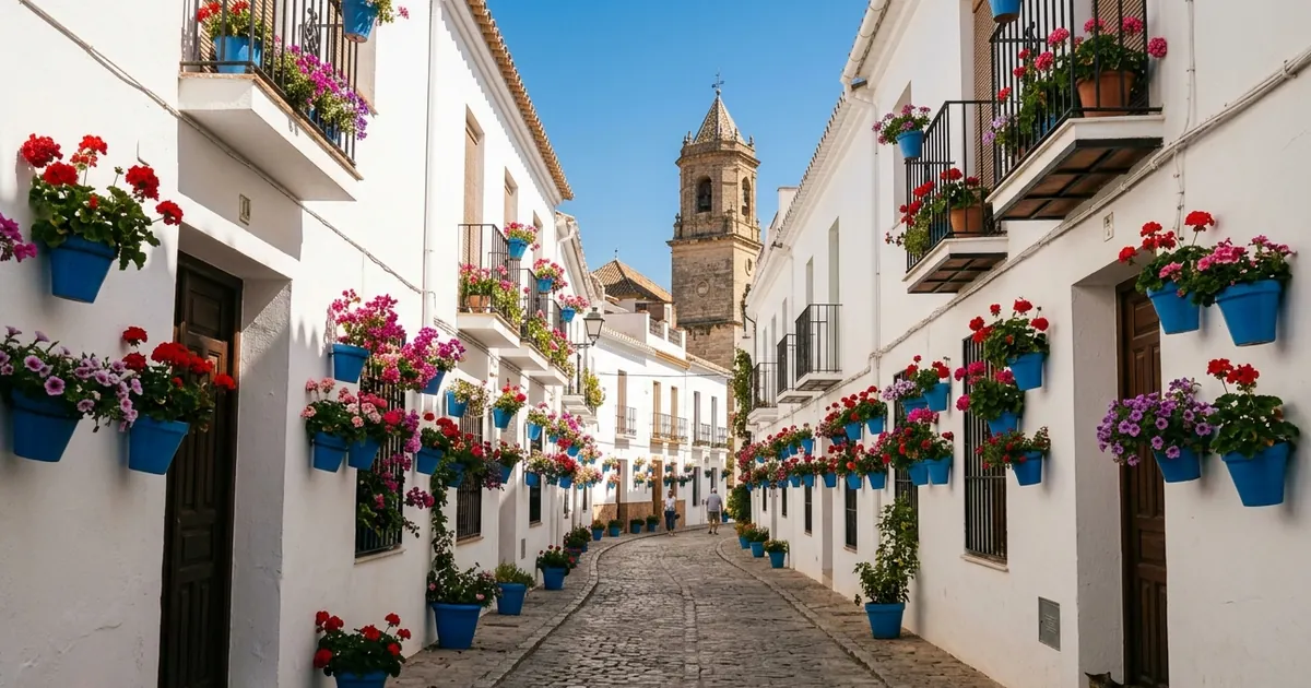 Estepona Old Town street with white houses and colorful flower pots in Andalusia
