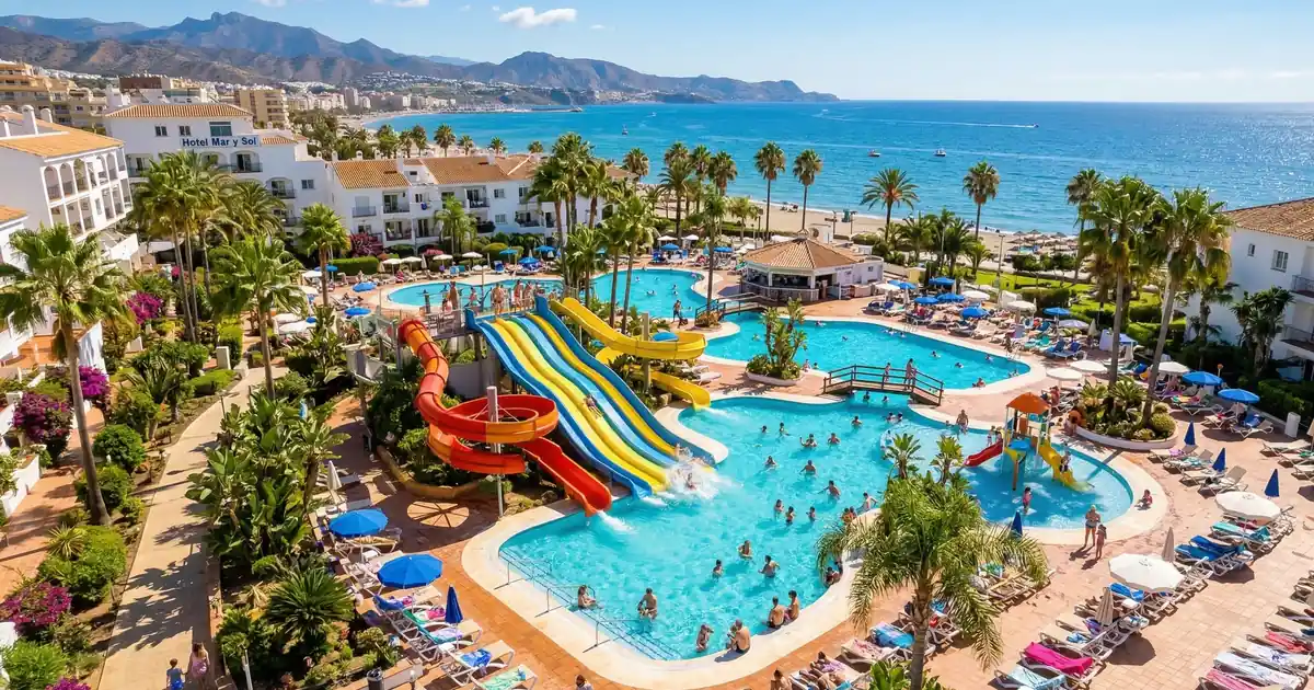 Family resort with waterpark on the Costa del Sol – kids on waterslides with Mediterranean sea in background