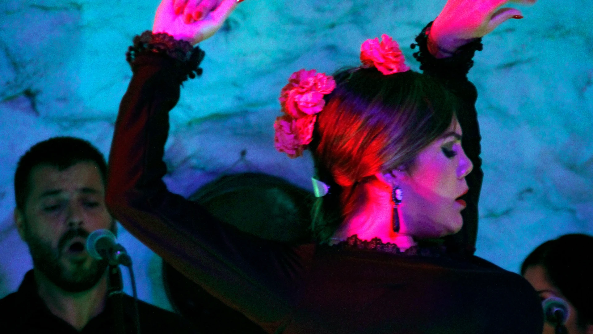 Flamenco dancer with red flowers in her hair performing with a singer at a tablao