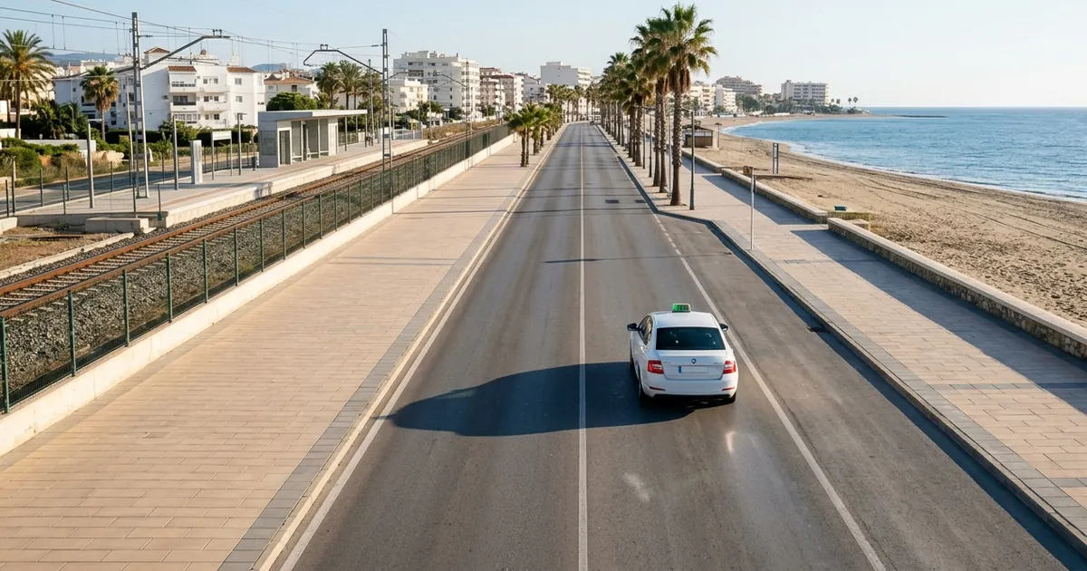 Taxi near Fuengirola seafront with nearby train line and coastal departure atmosphere