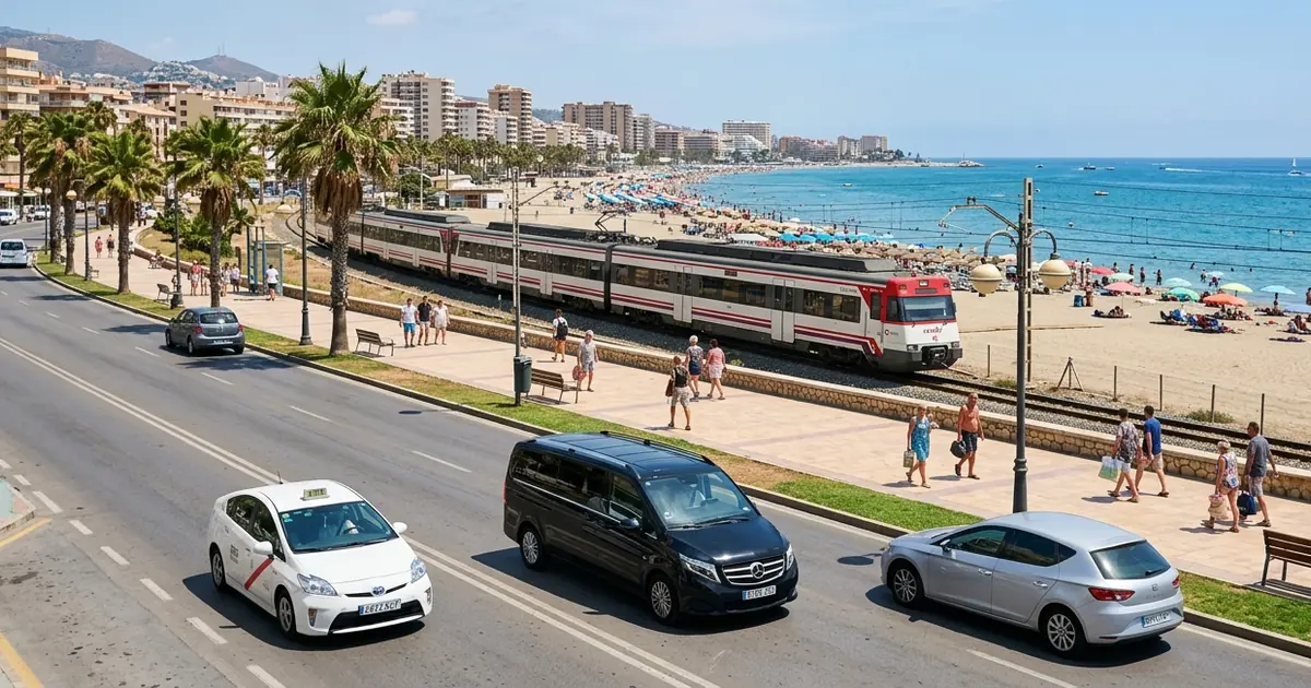 Fuengirola beach and train connection to Malaga Airport with taxi and cars nearby