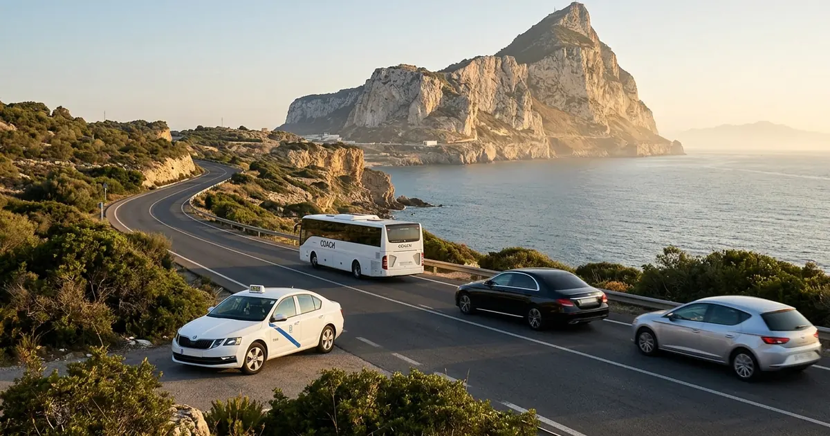Coastal drive toward Gibraltar with Rock in background and mixed transport options