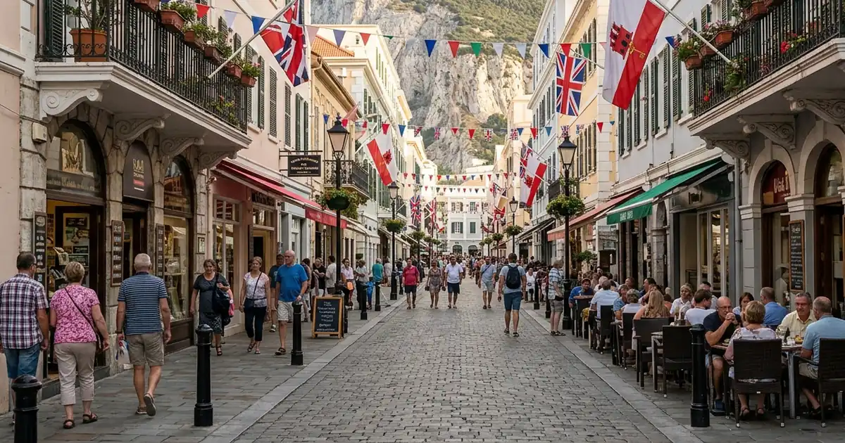 Calle Main Street en Gibraltar con arquitectura colonial, banderas británicas y ambiente urbano en zona libre de impuestos