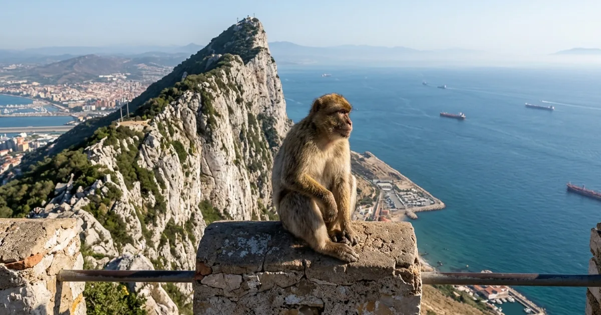 A Barbary macaque on the Upper Rock of Gibraltar with the Rock and the bay behind