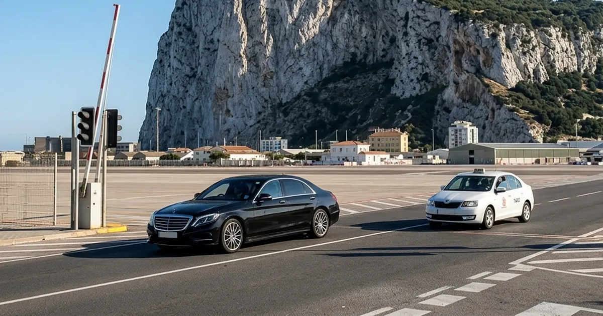 Gibraltar runway crossing with Rock and airport transfer heading to Malaga