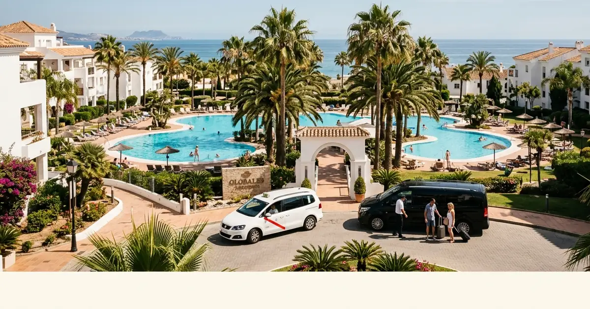 Central resort pool scene with taxi arrival at Globales Playa Estepona