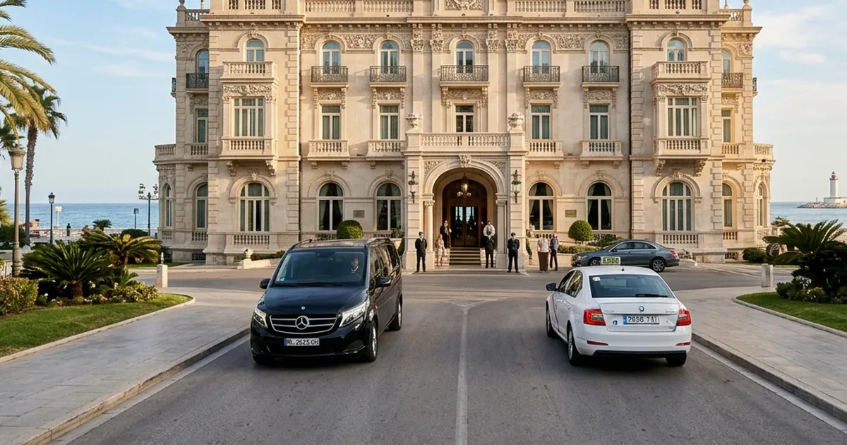 Historic beachfront palace arrival with taxi at Gran Hotel Miramar Malaga