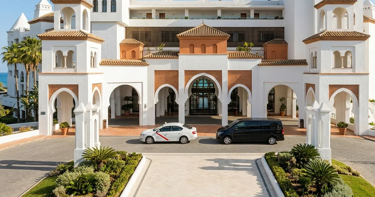 Symmetrical hotel frontage with taxi arrival at H10 Estepona Palace
