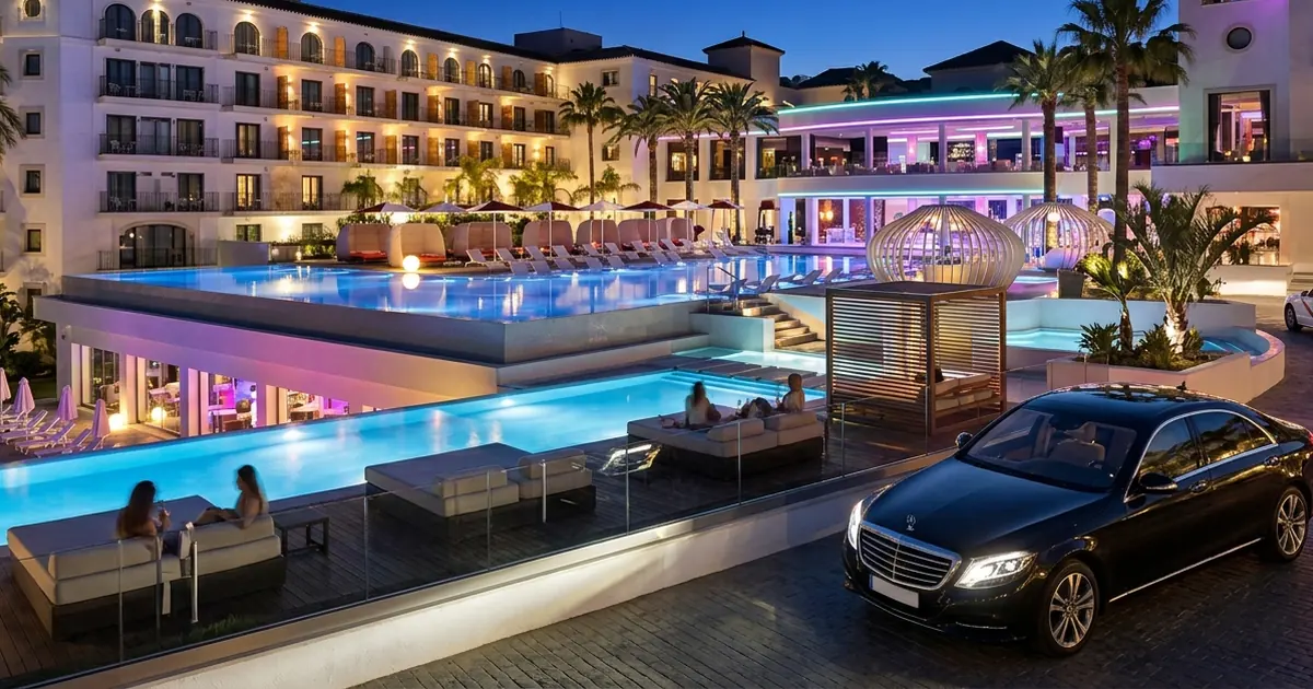 Night poolside arrival with taxi at Hard Rock Hotel Marbella