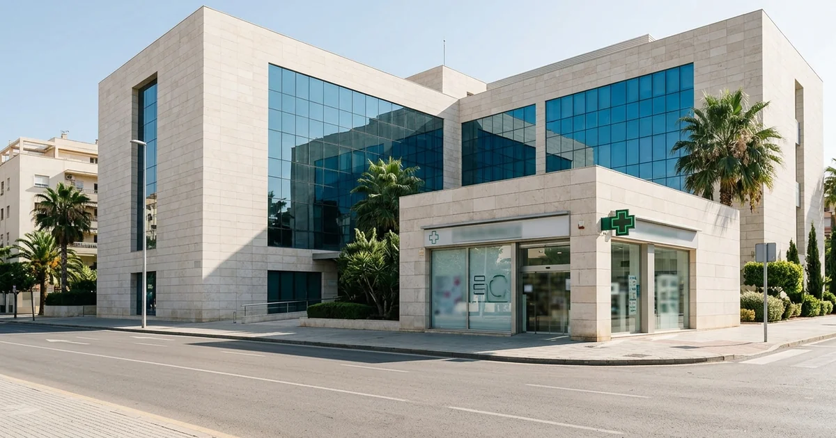 Modern Málaga hospital exterior with nearby pharmacy representing expat healthcare system in Spain