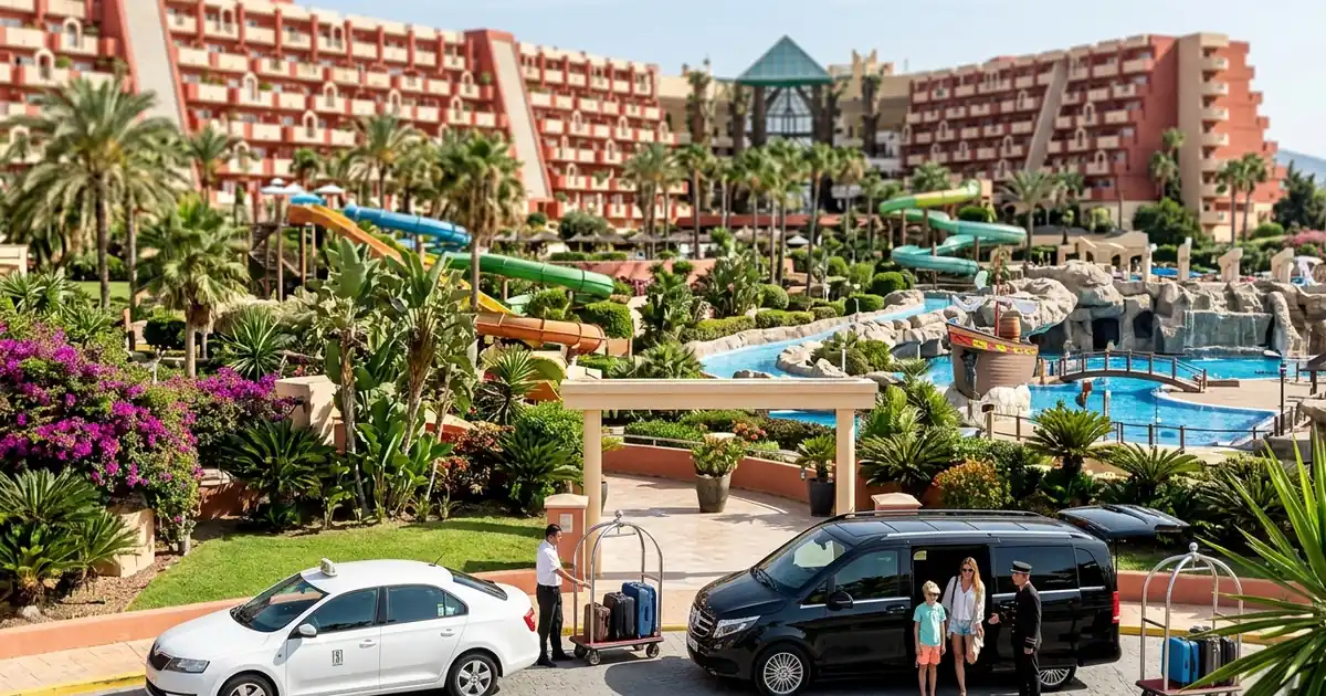 Family resort entrance with taxi arrival at Holiday World Benalmádena