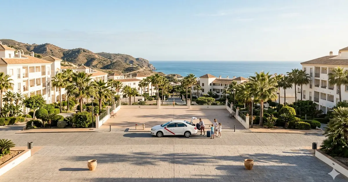 Family resort departure scene at Holiday World Benalmádena with taxi pickup, palm trees and coastal hills in background
