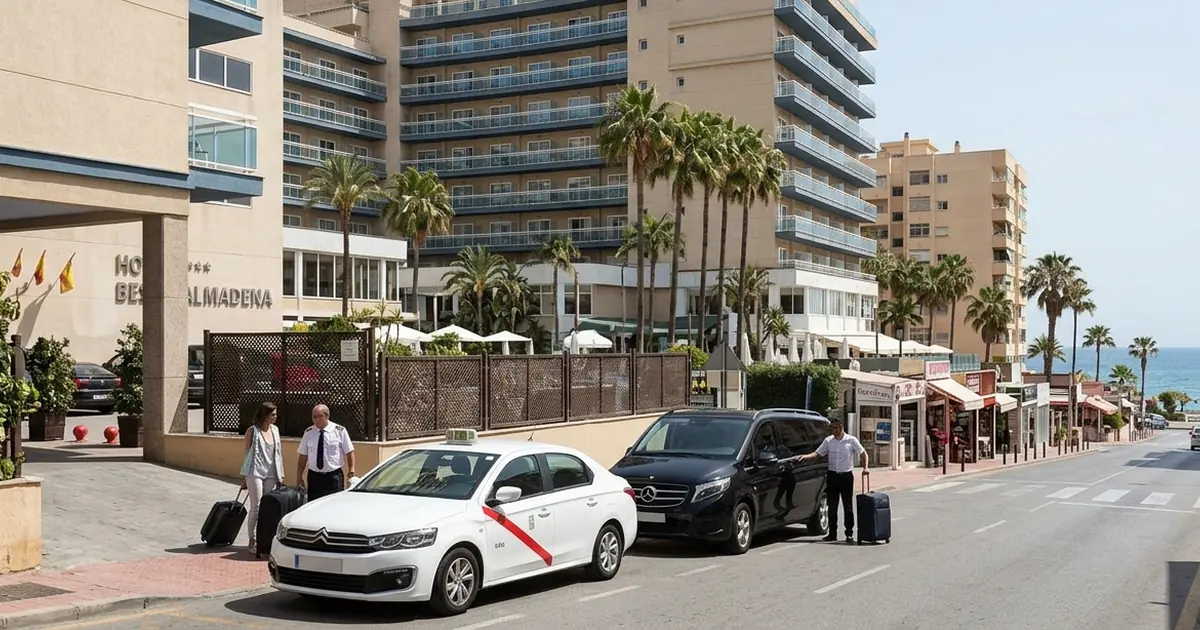 Urban coastal hotel arrival street with taxi at Hotel Best Benalmádena