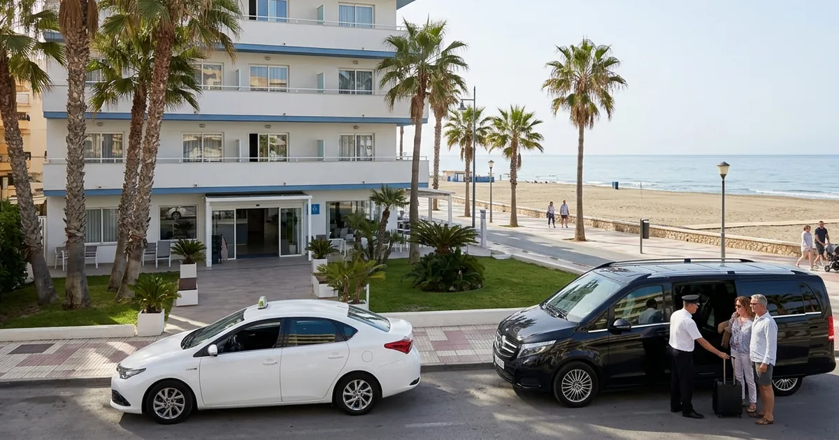 Small beachfront hotel arrival with taxi at Hotel Isabel Torremolinos