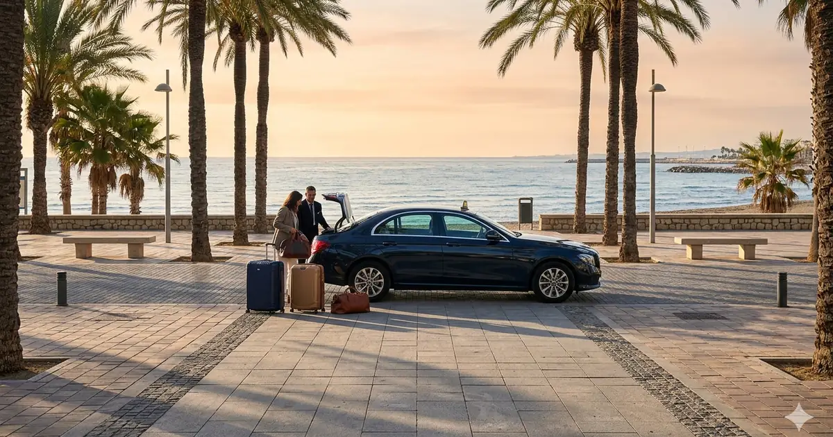 Taxi pickup near Hotel Isabel Torremolinos with palm-lined promenade and morning coastal light