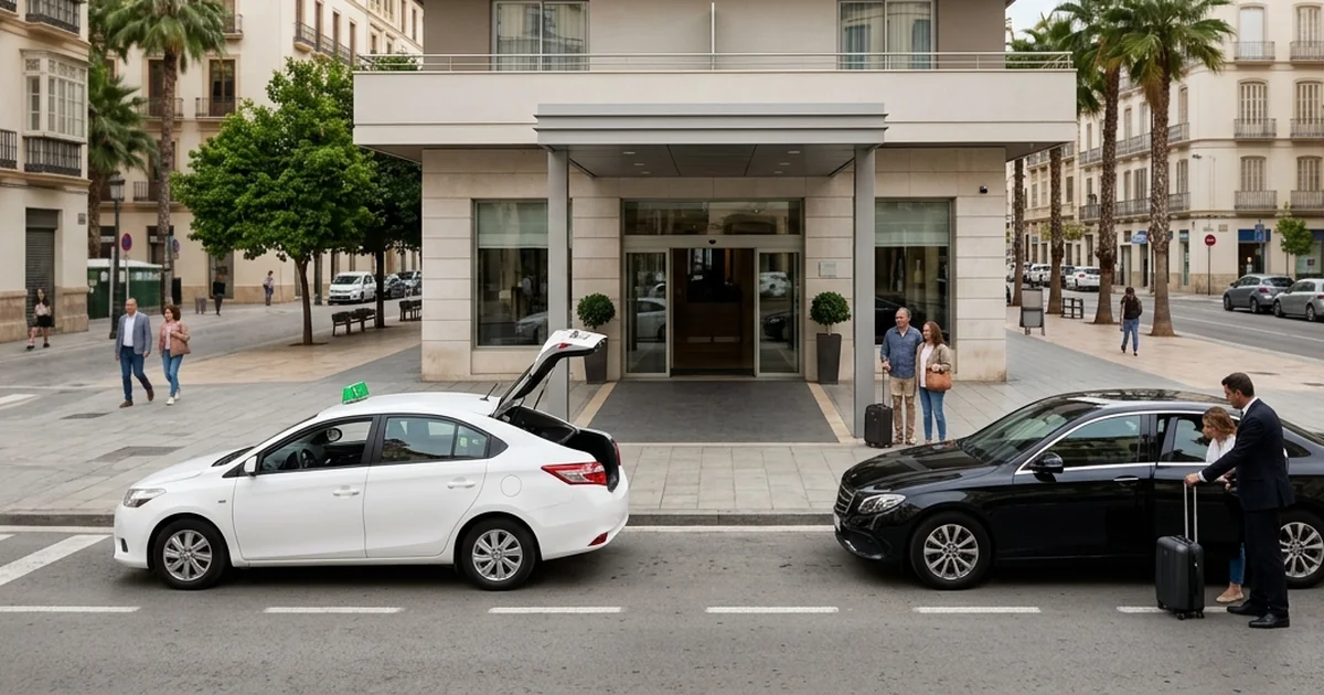 Budget city hotel arrival street with taxi at Ibis Malaga Centro