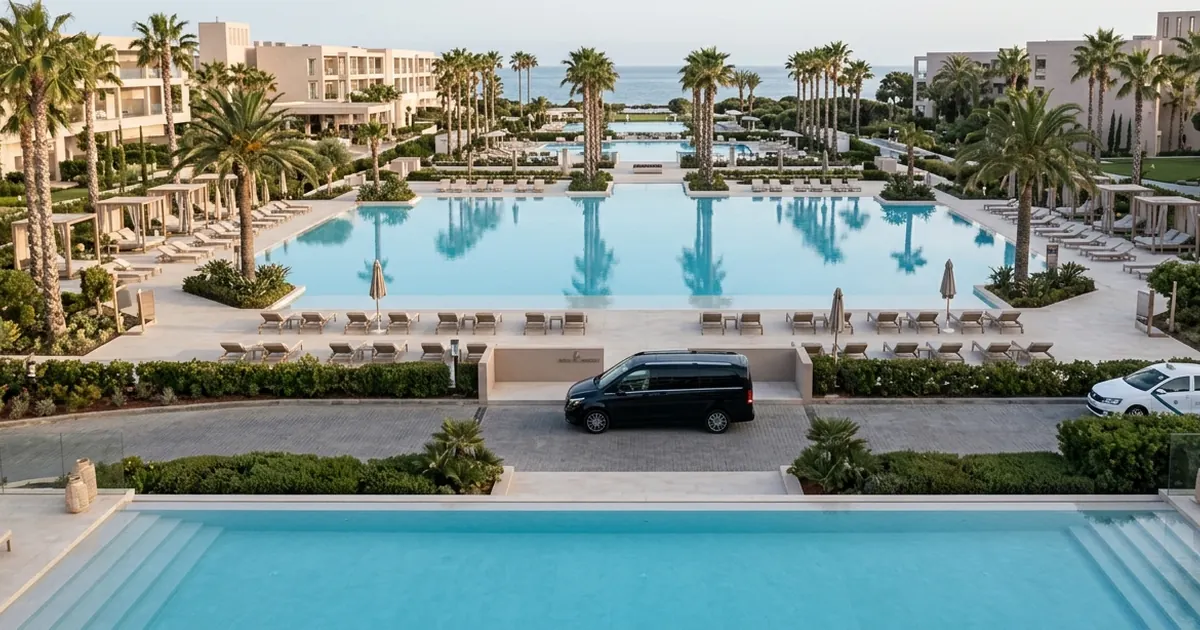 Luxury resort lagoon pool with private transfer arrival at Ikos Andalusia