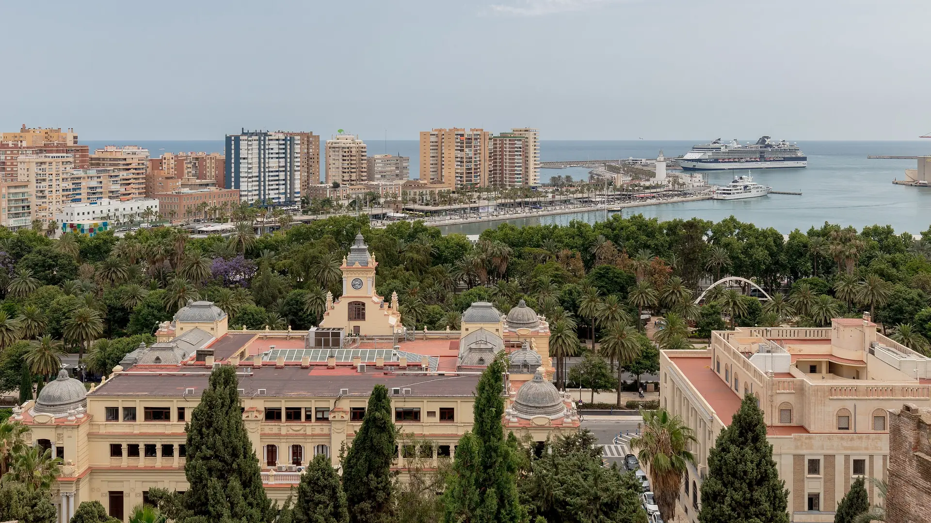 The view over Malaga's old town, port and sea from the Alcazaba