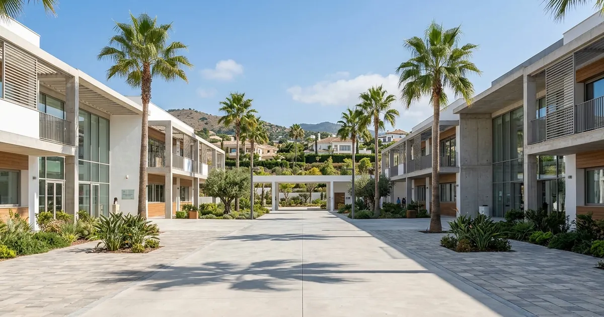 Modern international school campus in Marbella with students walking through a sunny courtyard surrounded by palm trees