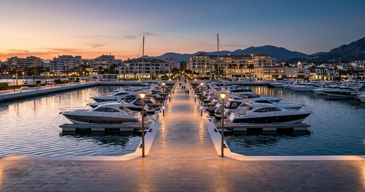 Calm evening scene in Marbella marina with well-lit promenade, yachts and relaxed coastal atmosphere representing urban safety
