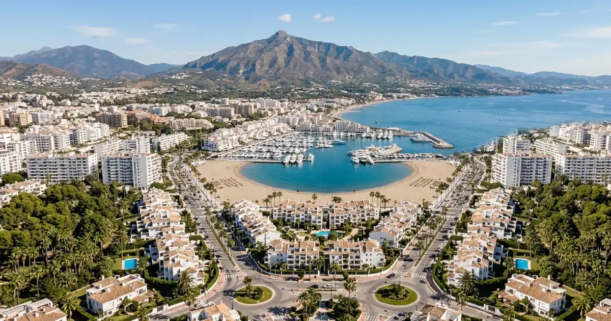 Bright Marbella coastal skyline with residential neighborhoods, marina and mountains representing expat lifestyle and living environment