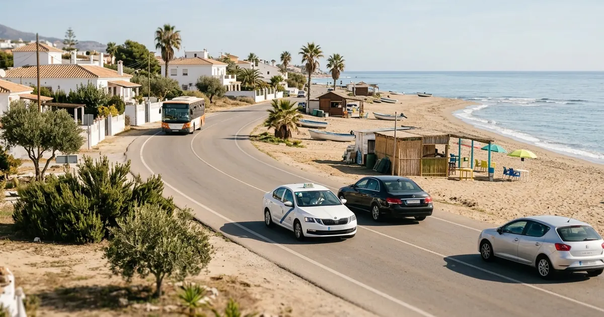 Benajarafe coastal road with taxi, bus and cars on eastern Costa del Sol