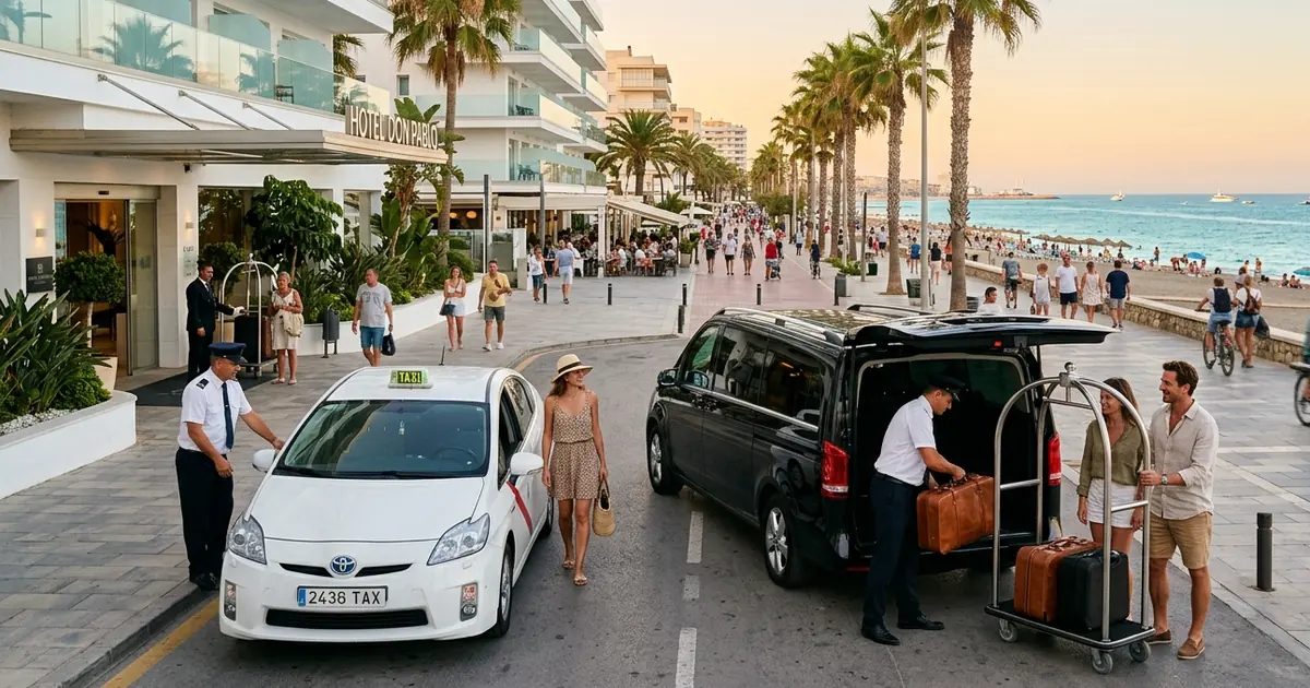 Short taxi transfer from Malaga Airport to Torremolinos beachfront hotel area