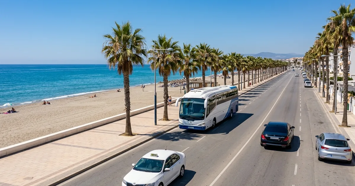 Torrox Costa seaside road with taxi and cars along sunny Costa del Sol promenade