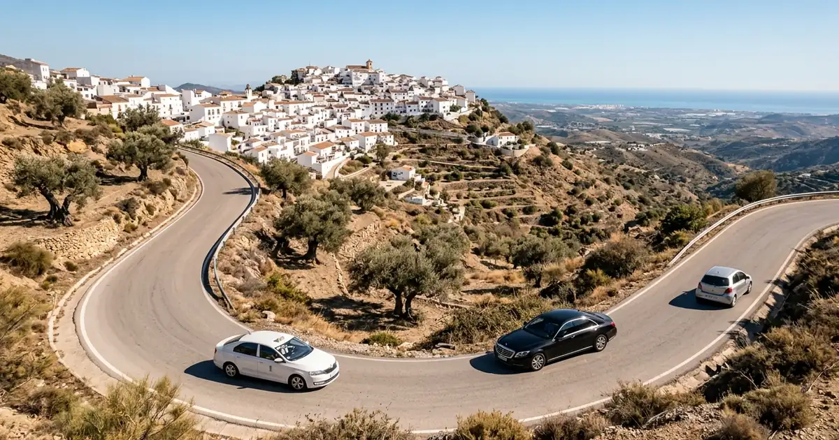 Road to Torrox Pueblo with taxi and cars climbing hills on eastern Costa del Sol