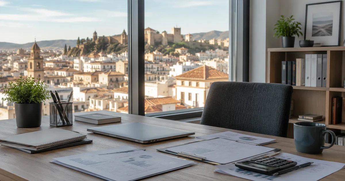 Modern minimalist workspace in Málaga representing autónomo registration and freelance life for expats
