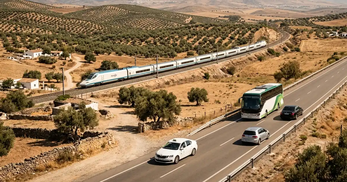 AVE train and road travel from Malaga to Cordoba through Andalusian plains