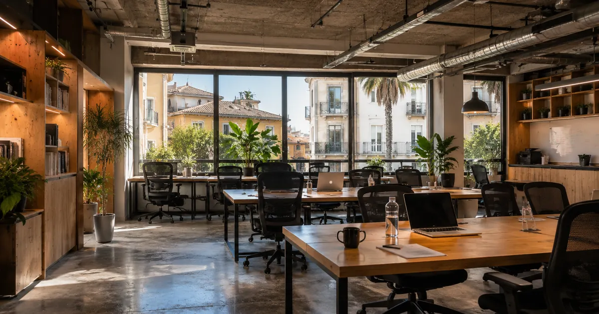 Modern coworking space in Málaga with natural light and realistic remote work atmosphere