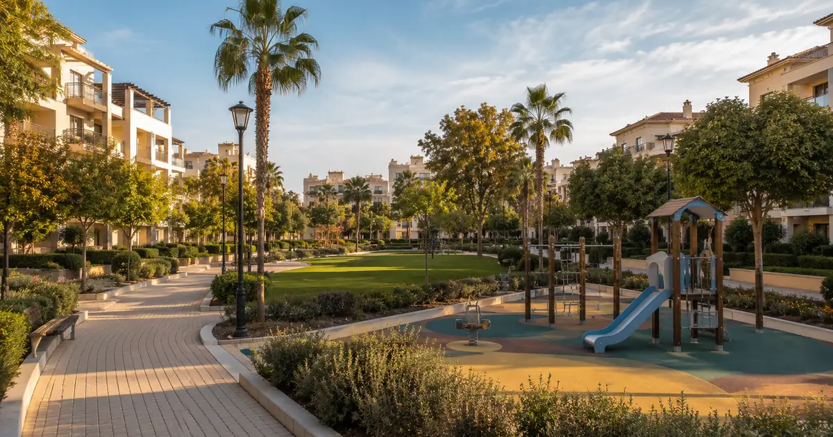 Peaceful Málaga residential park with palm trees, playground area and family-friendly Mediterranean neighbourhood atmosphere