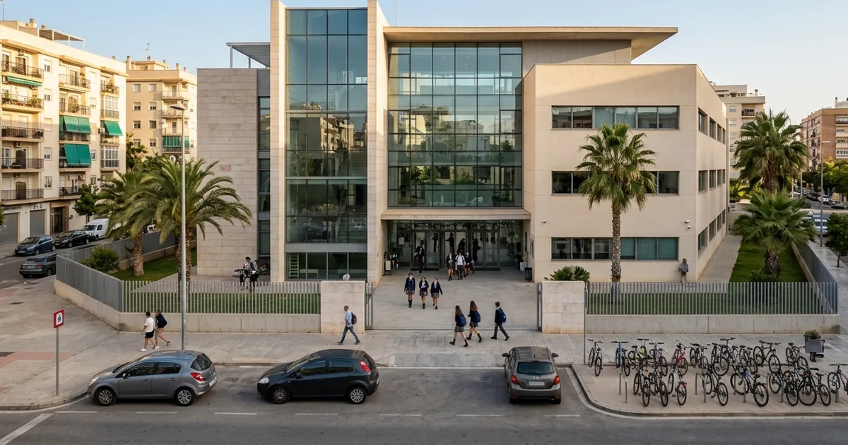 Modern international school building in Málaga with students arriving and Mediterranean urban surroundings