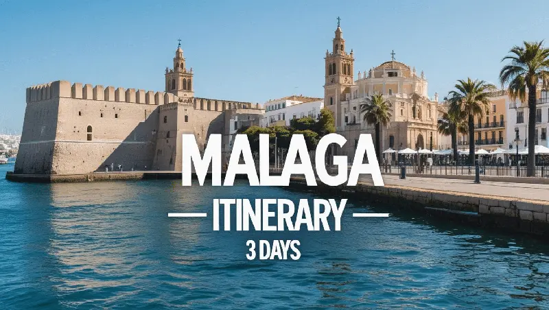 A picturesque view of Malaga’s old town with historic buildings and palm trees along the waterfront, reflected in the calm blue sea, with bold white text overlay reading Malaga Itinerary 3 Days.