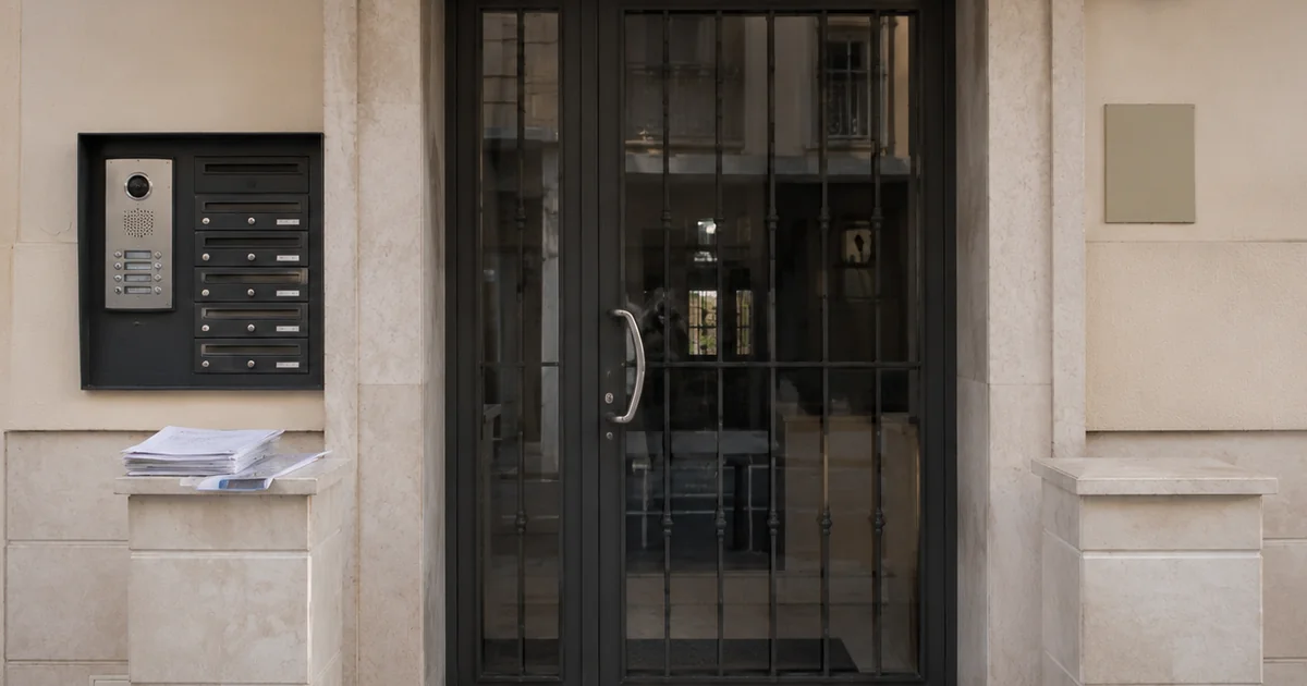 Málaga apartment building entrance with rental notices and everyday urban street atmosphere