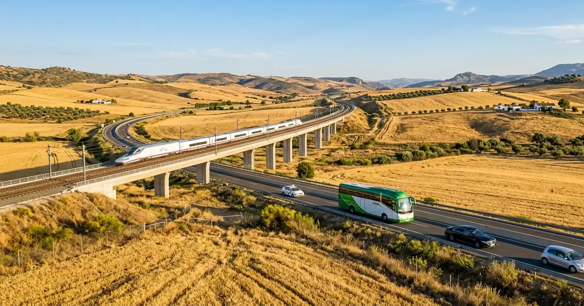 High speed train and highway travel from Malaga to Seville across Andalusian countryside