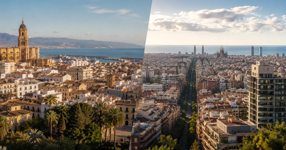Contrasting urban skylines of Málaga and Barcelona representing remote worker lifestyle comparison