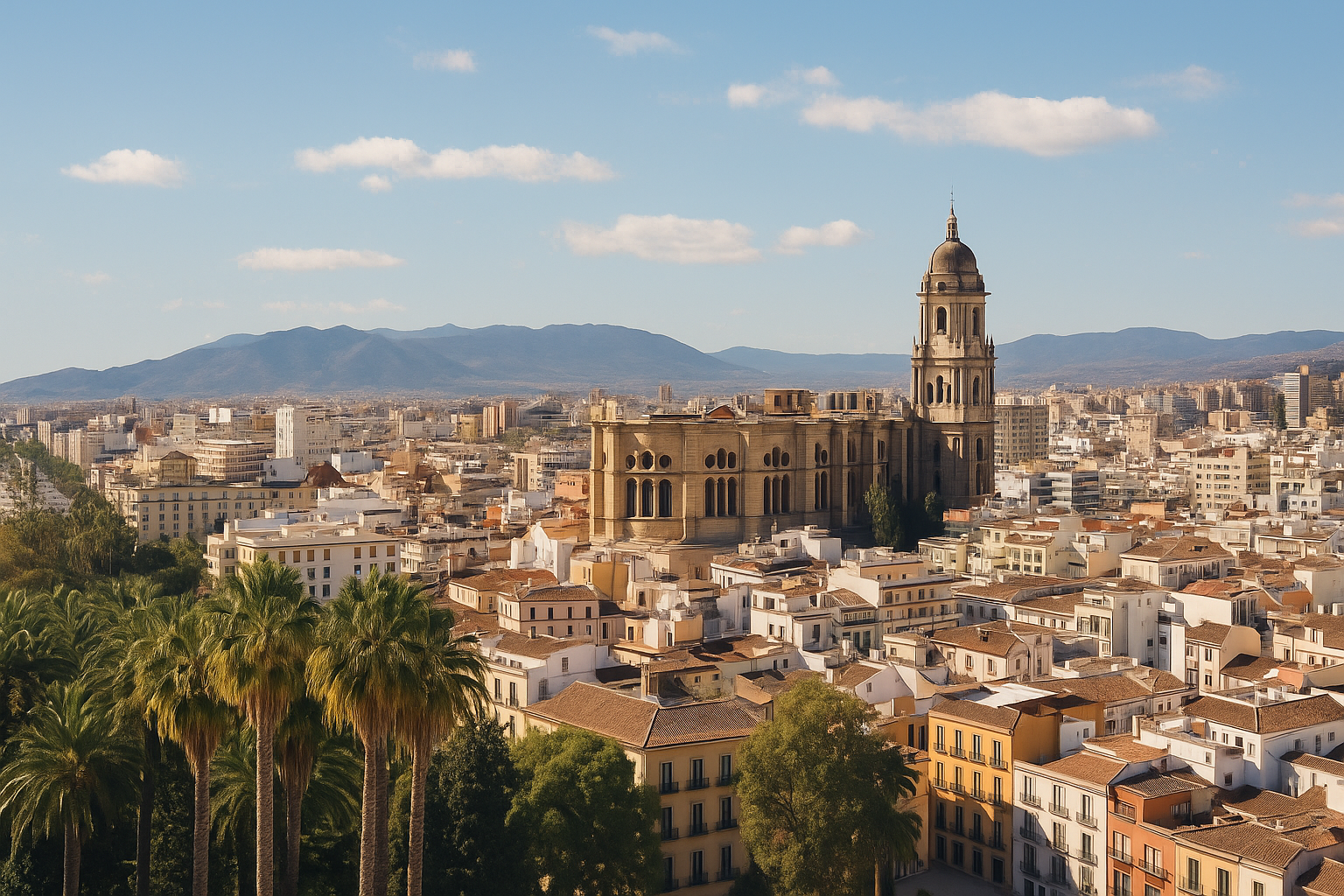 A high-resolution panoramic view of Málaga, Spain, featuring the iconic Málaga Cathedral surrounded by historic city buildings, palm trees in the foreground, and distant mountains under a clear blue sky with scattered clouds.