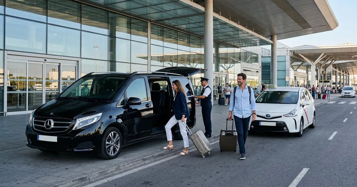 Marbella airport transfer drop off at Malaga Airport terminal with luggage