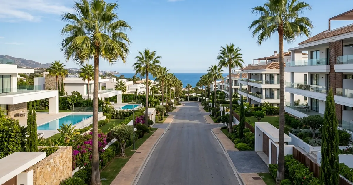 Modern Marbella residential skyline with contrasting property styles symbolizing housing options