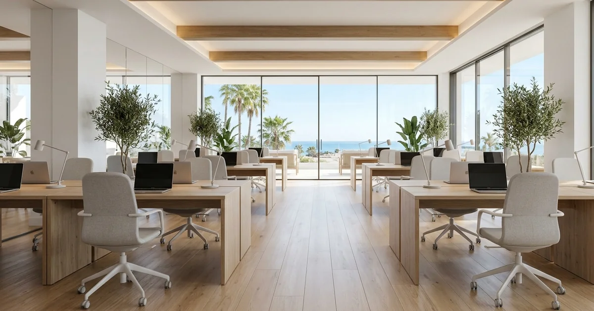 Modern coworking space in Marbella with large glass windows and bright Mediterranean natural light