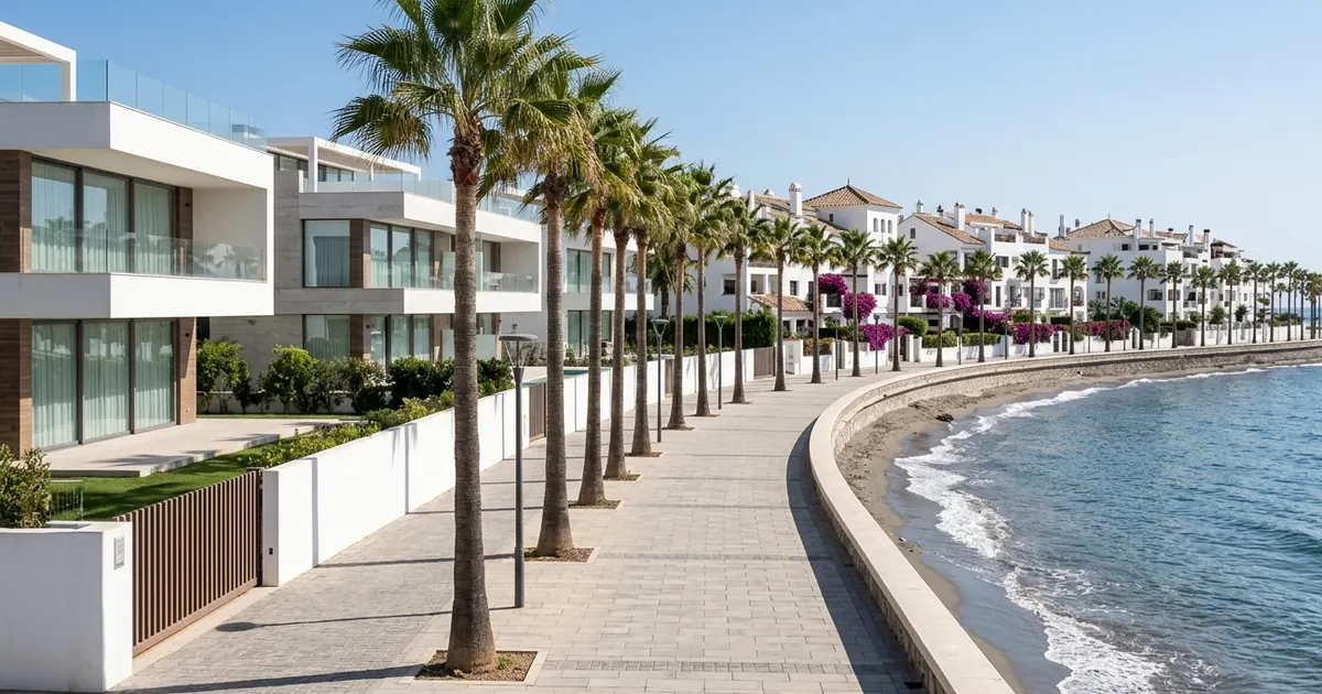 Sunny Costa del Sol residential promenade with palm trees and Mediterranean coastal atmosphere representing family relocation comparison