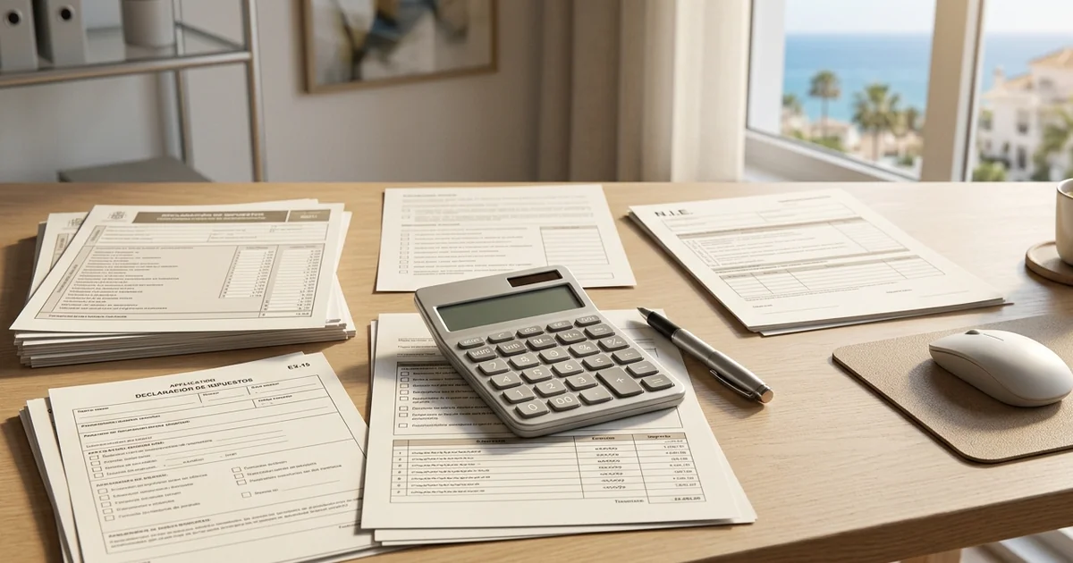 Clean desk with financial documents and calculator in a modern office setting representing expat taxes in Marbella Spain