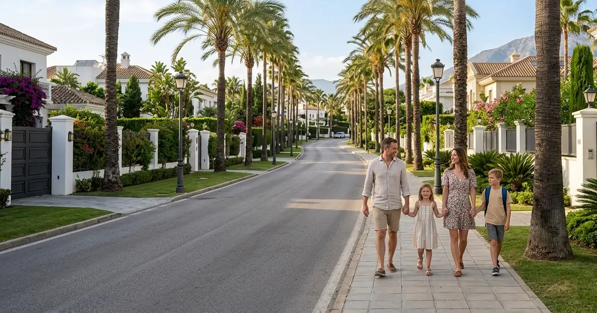 Family walking through a palm-lined residential boulevard in Marbella with modern villas and sunny Mediterranean atmosphere