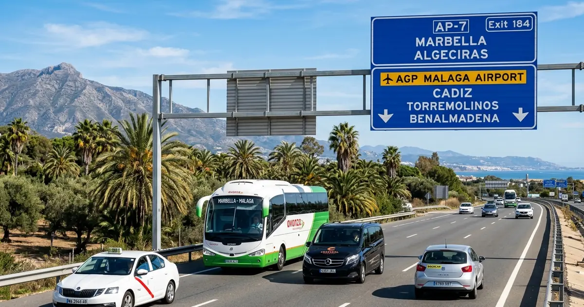 Costa del Sol highway near Marbella with signs for Marbella and Malaga Airport, taxi, bus, transfer van and rental car