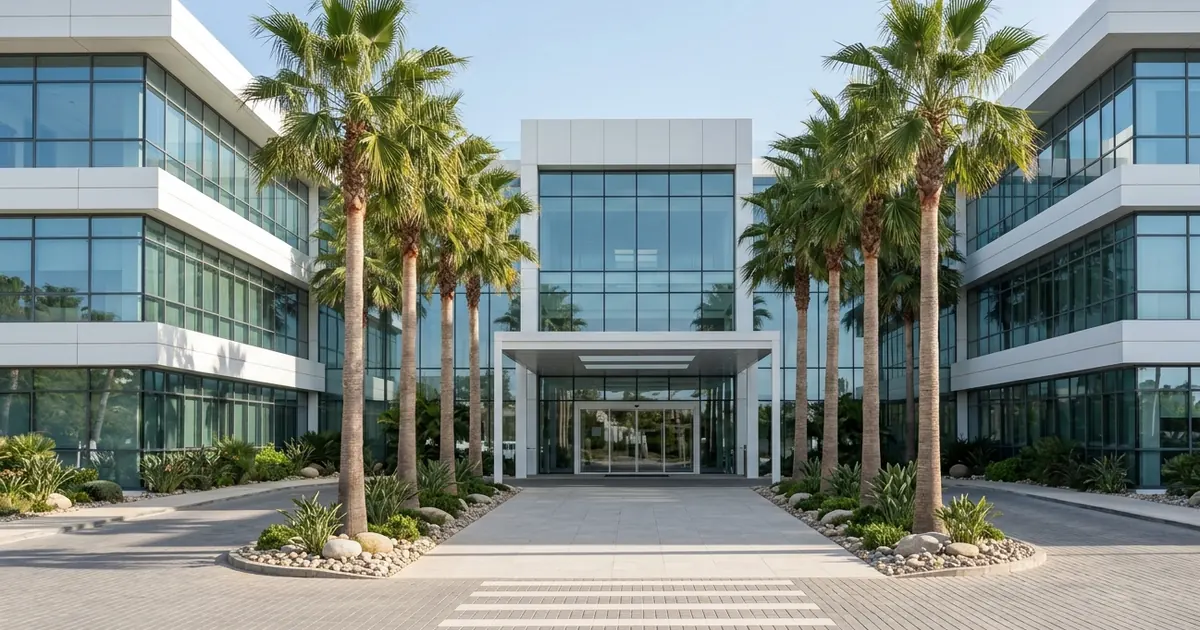 Modern private hospital building in Marbella surrounded by palm trees under clear Mediterranean sky