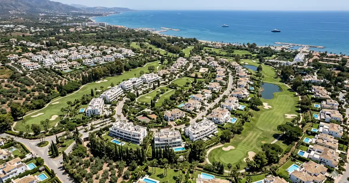 Aerial view of Marbella coastline with residential developments, golf courses and sea views representing property investment landscape