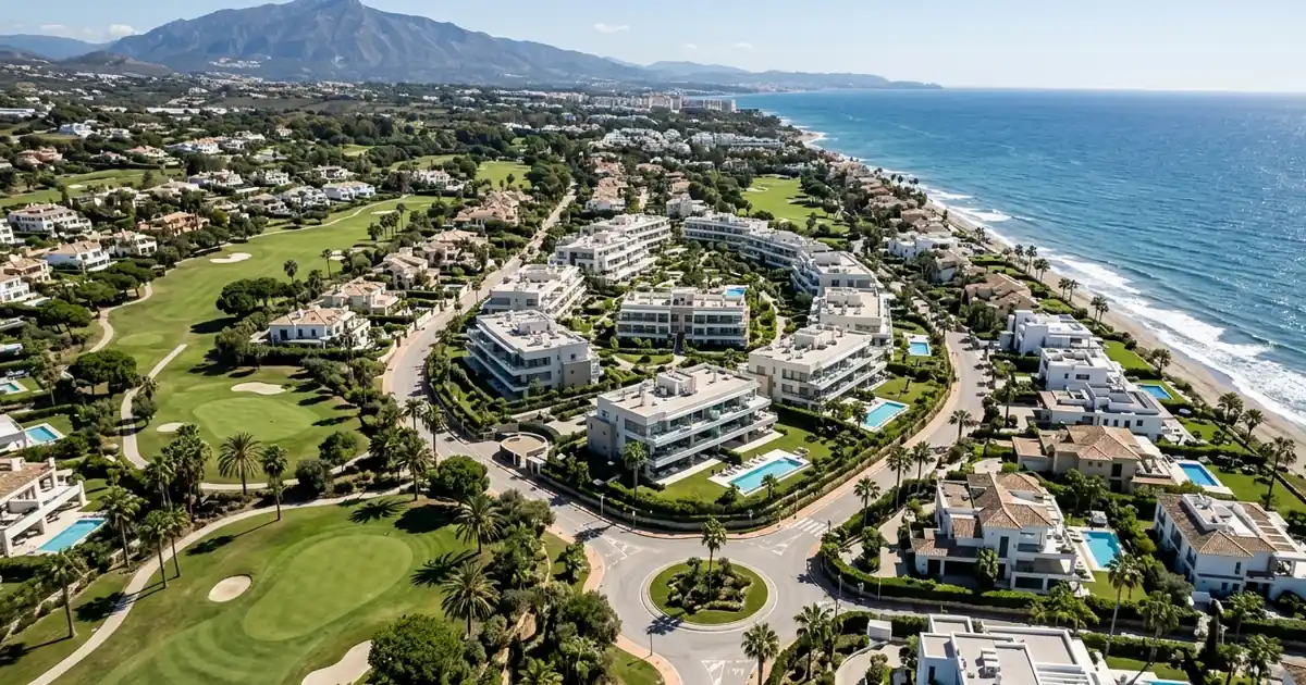 Aerial view of Marbella luxury coastal residential area with sea views and modern developments under bright Mediterranean light